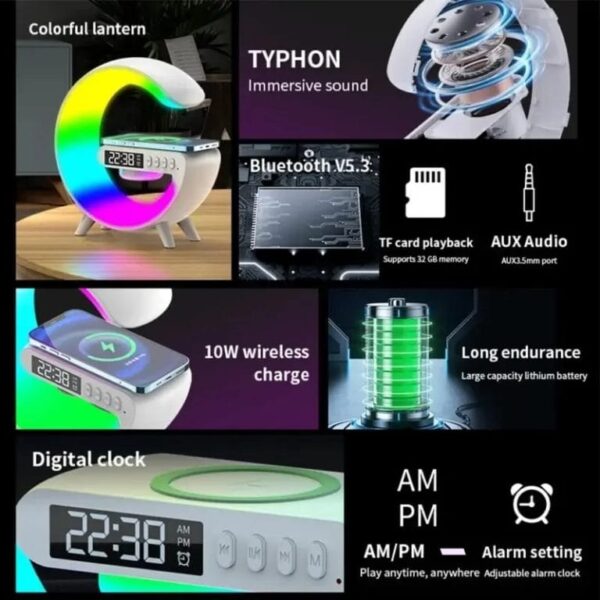 G Lamp Smart Light Bluetooth Speaker Clock/Alarm Clock Wireless Charger Atmosphere Lights - Image 3